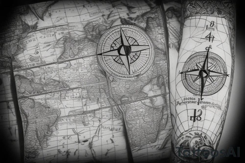 Compass surrounded by antique americas map, including number 4400 and locating buenos aires miami and los angeles tattoo idea