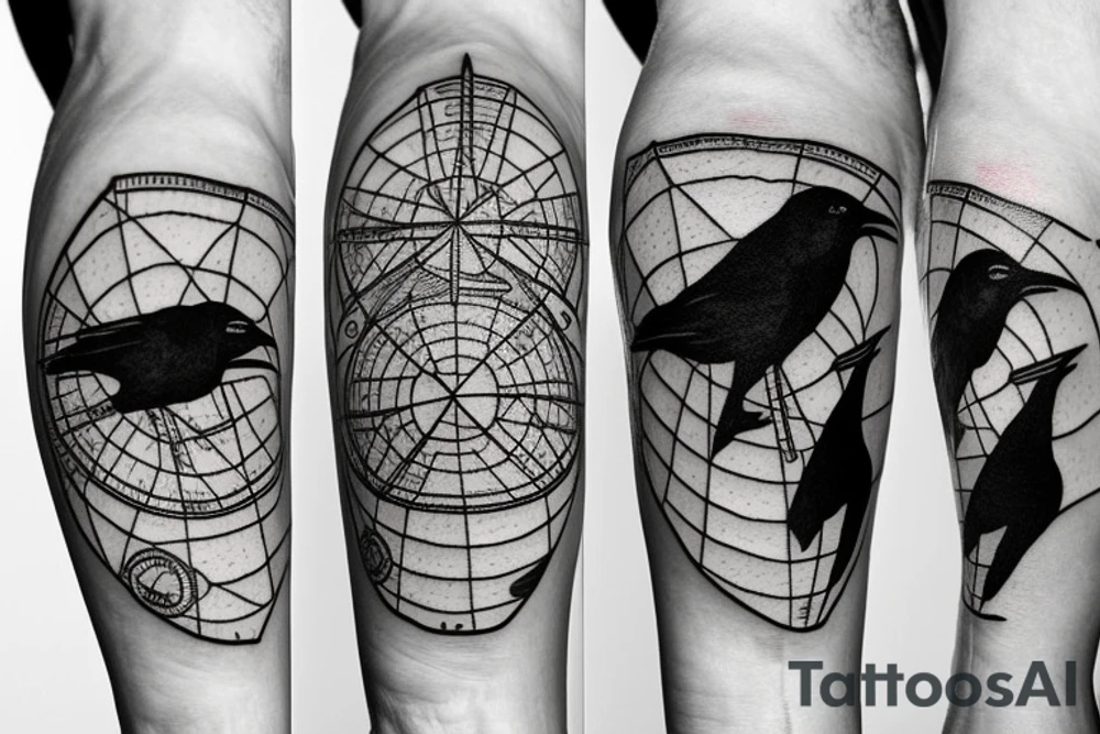 Compass, americas map, raven in the leg tattoo idea
