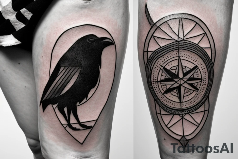 Compass, americas map, raven in the leg tattoo idea