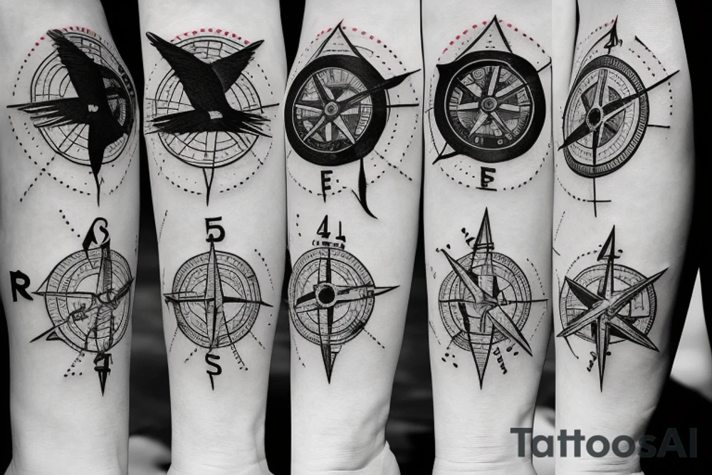 Raven with a compass and number 4400 in ankle tattoo idea