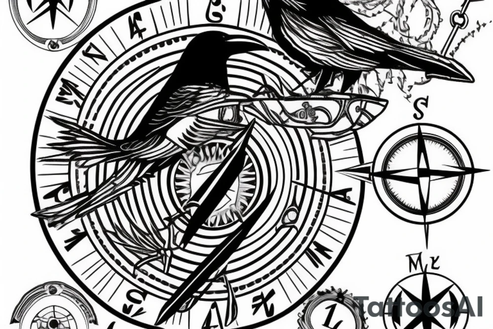 Raven with a compass and number 4400 in ankle tattoo idea Raven with a compass and number 4400 in ankle tattoo idea