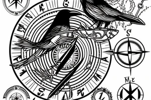 Raven with a compass and number 4400 in ankle tattoo idea