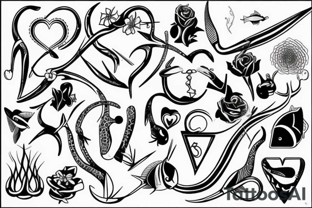 Fish hook a heart with a j letterin modernist style tattoo idea