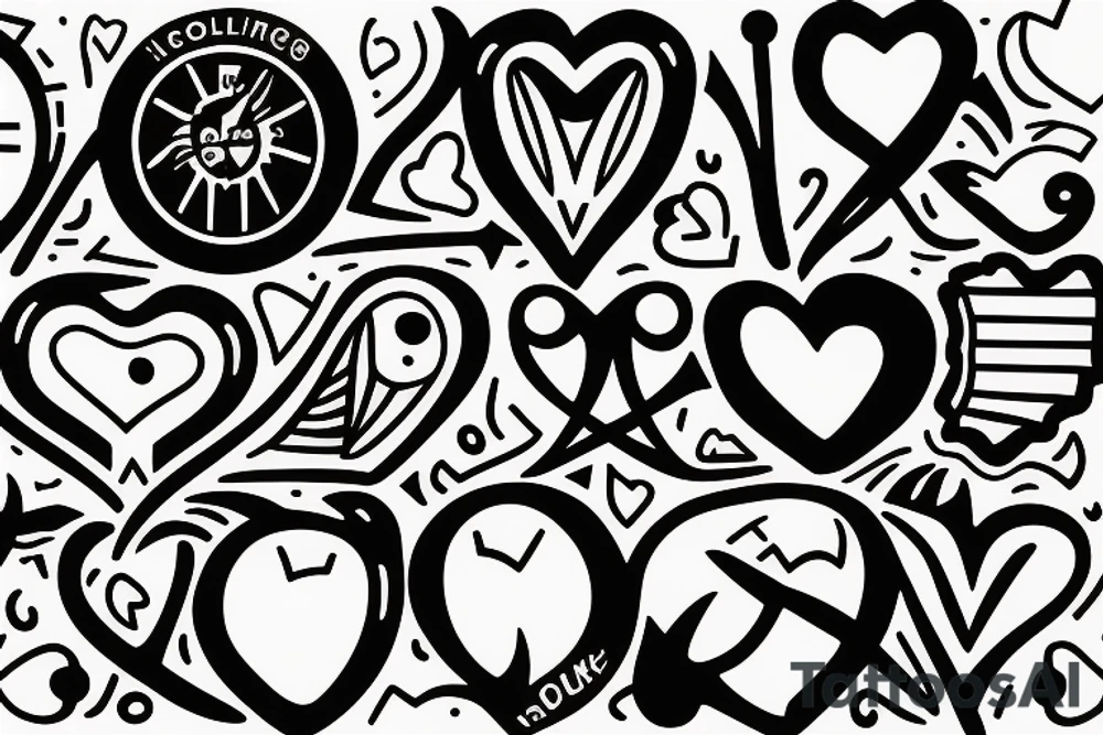 Fish hook a heart with a j letterin modernist style tattoo idea