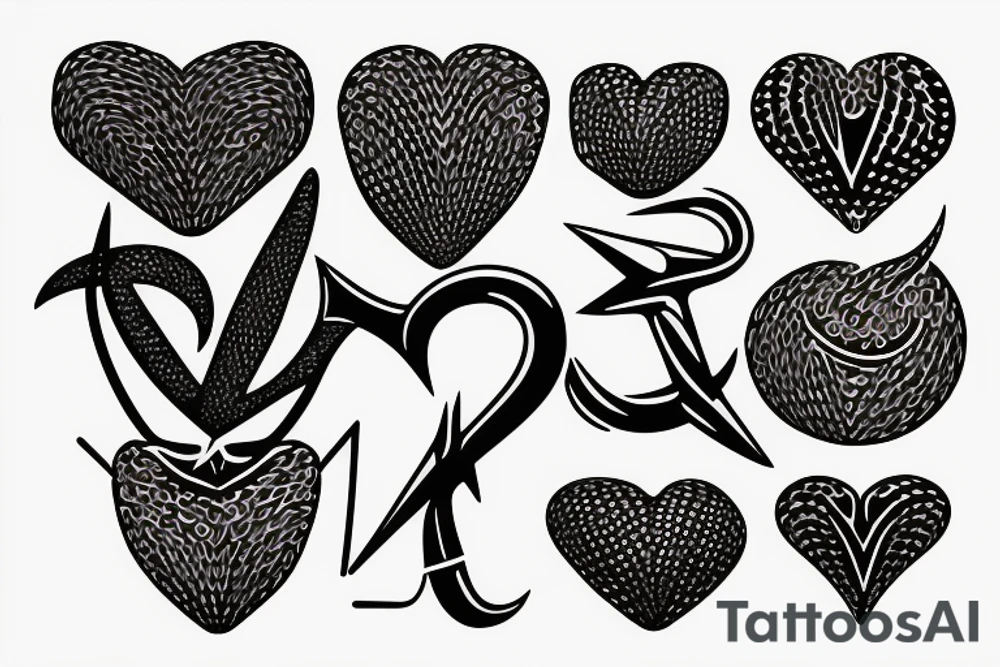 Fish hook a heart with a j letterin modernist style tattoo idea