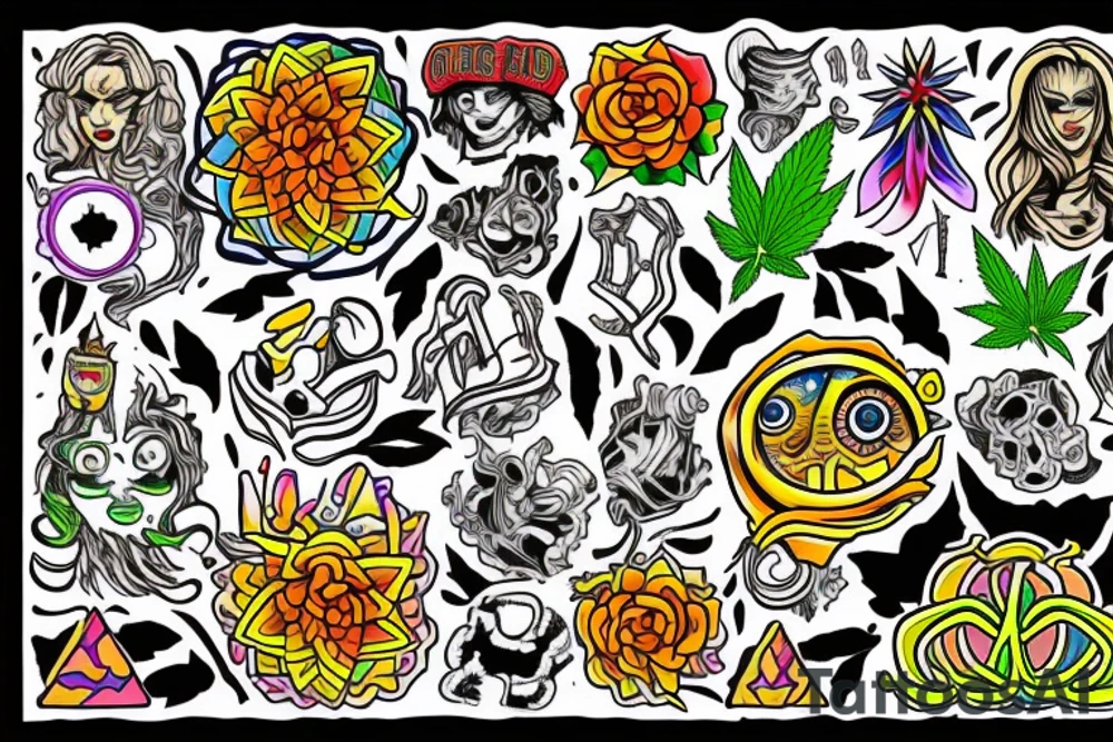 Small image representing friends, weed, psychedelics tattoo idea
