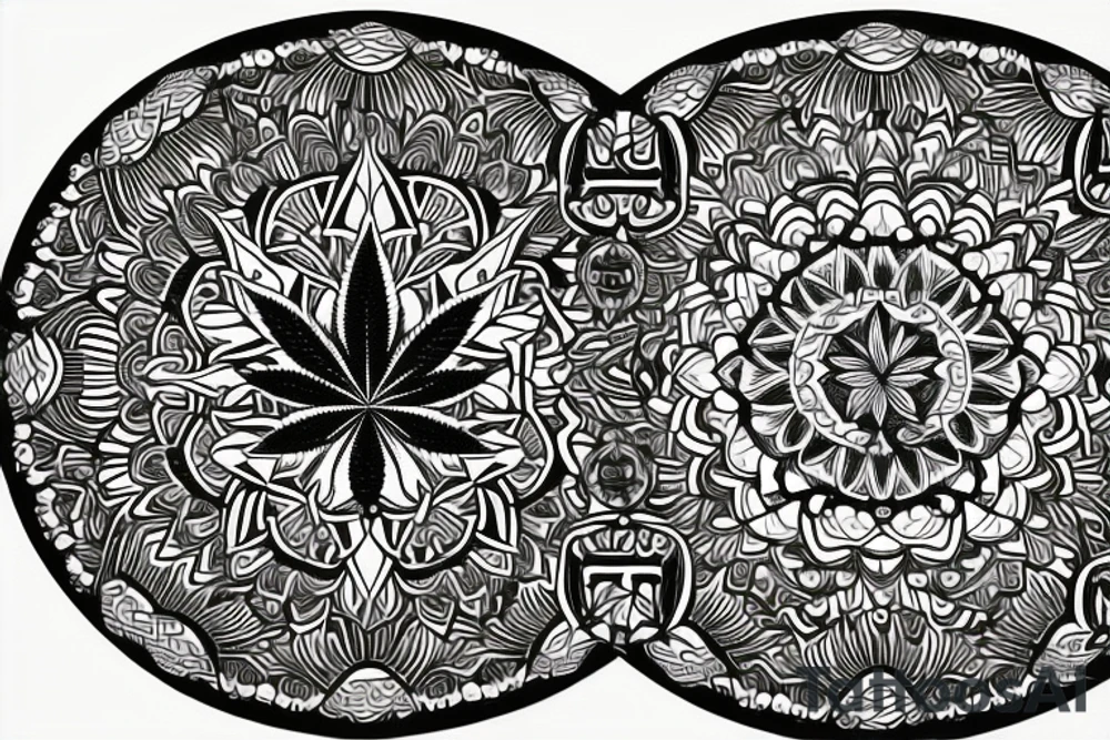 A mandala design incorporating symbols of friendship, cannabis, and psychedelics. The center of the mandala could be a cannabis flower, surrounded by psychedelic patterns and symbols of friendship. tattoo idea