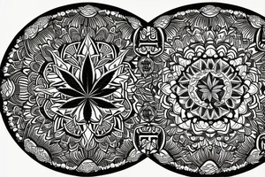 A mandala design incorporating symbols of friendship, cannabis, and psychedelics. The center of the mandala could be a cannabis flower, surrounded by psychedelic patterns and symbols of friendship. tattoo idea