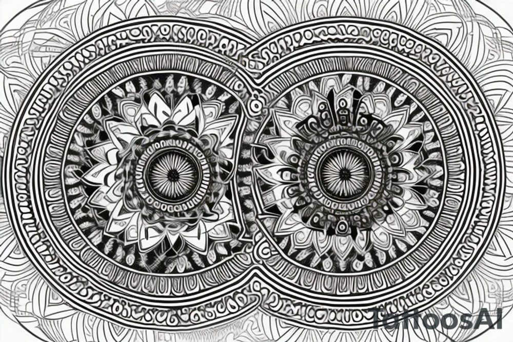 A mandala design incorporating symbols of friendship, cannabis, and psychedelics. The center of the mandala could be a cannabis flower, surrounded by psychedelic patterns and symbols of friendship. tattoo idea
