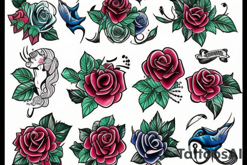 Rose bleu vert rouge tattoo idea