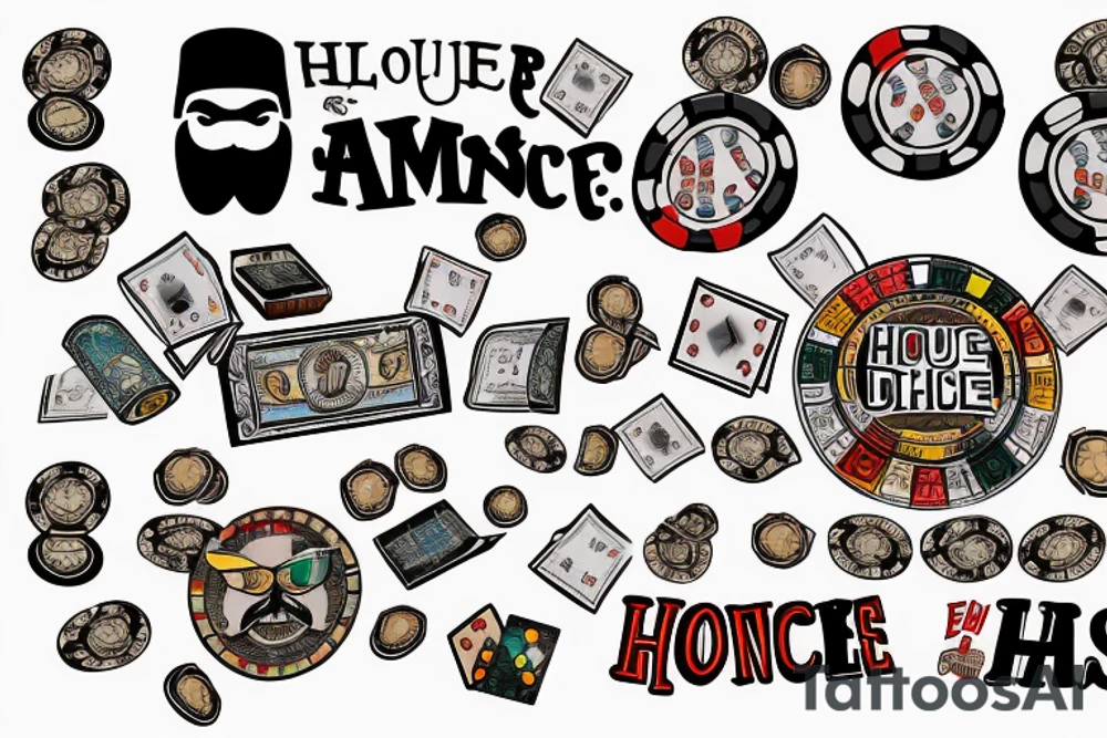 A man with a mustache, a banner that says “The House Always Wins,” dice, poker chips tattoo idea