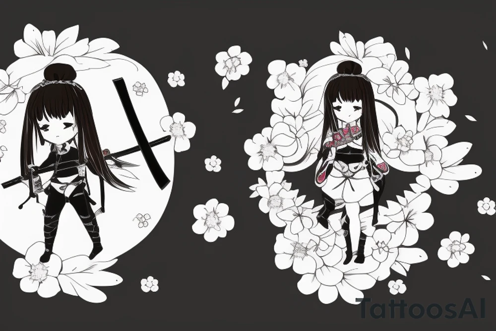 Anime style girl holding katana, wearing oni mask on top of head, sorrounded by sakura trees tattoo idea