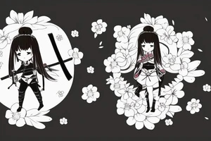 Anime style girl holding katana, wearing oni mask on top of head, sorrounded by sakura trees tattoo idea
