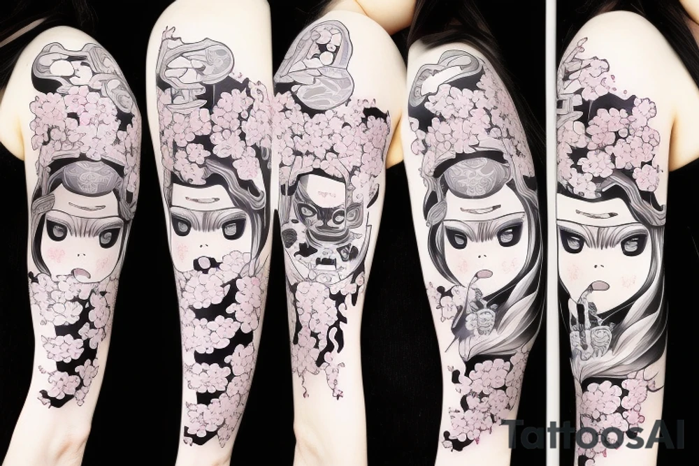 Anime style girl holding katana, wearing oni mask on top of head, sorrounded by sakura trees tattoo idea