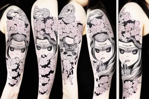 Anime style girl holding katana, wearing oni mask on top of head, sorrounded by sakura trees tattoo idea