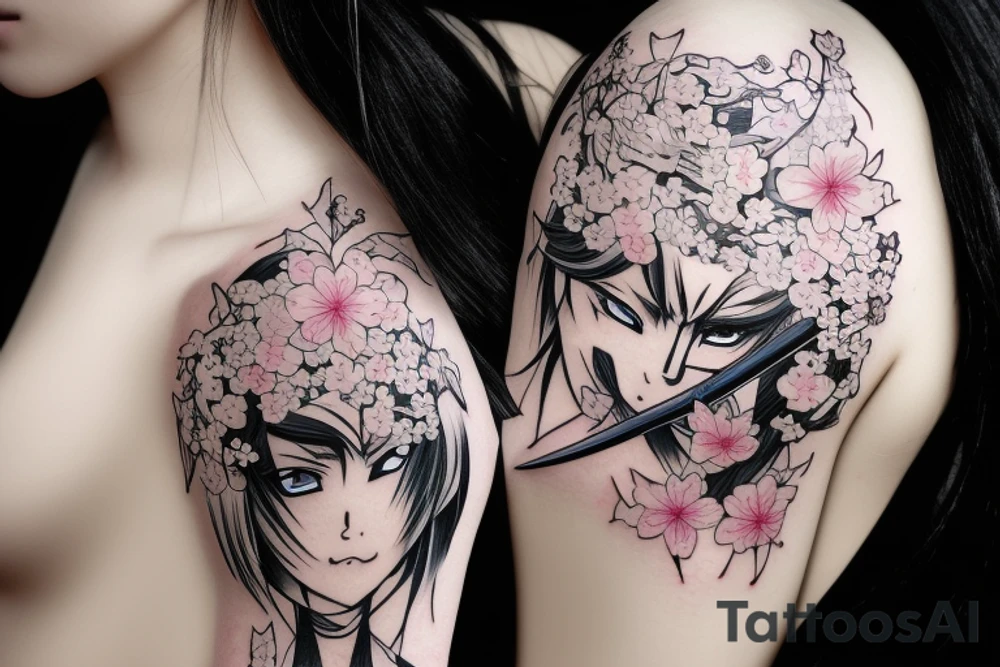 Anime style girl holding katana, wearing oni mask on top of head, sorrounded by sakura trees tattoo idea