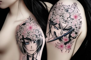 Anime style girl holding katana, wearing oni mask on top of head, sorrounded by sakura trees tattoo idea