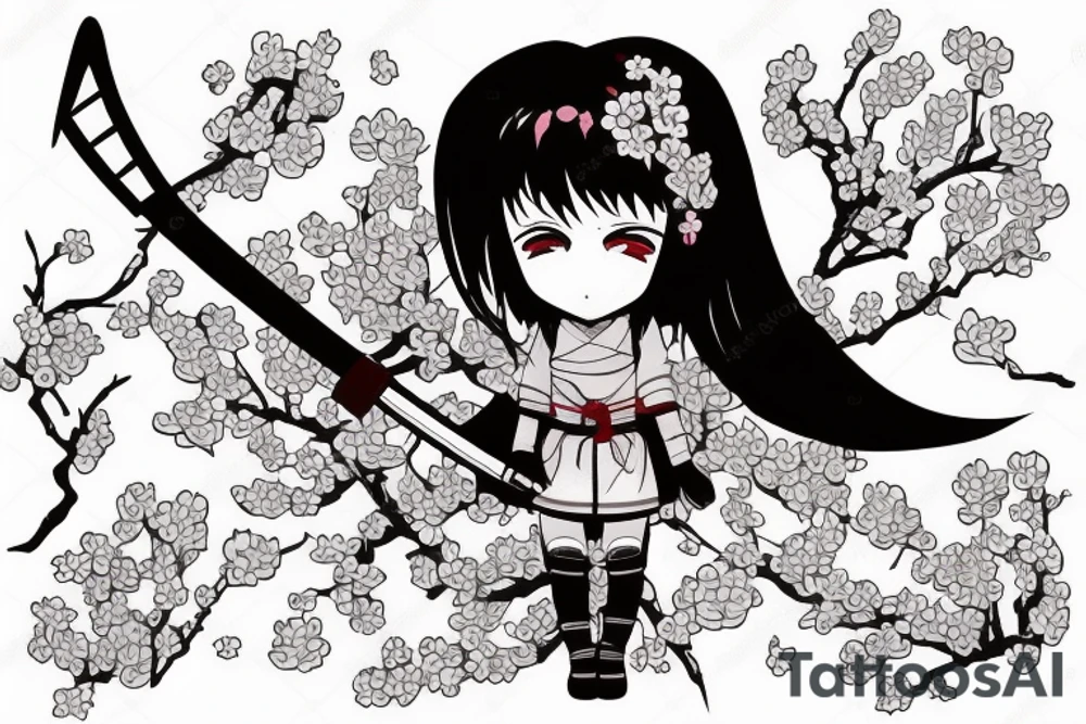 Anime style girl holding katana, wearing oni mask on top of head, sorrounded by sakura trees tattoo idea