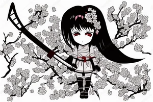 Anime style girl holding katana, wearing oni mask on top of head, sorrounded by sakura trees tattoo idea