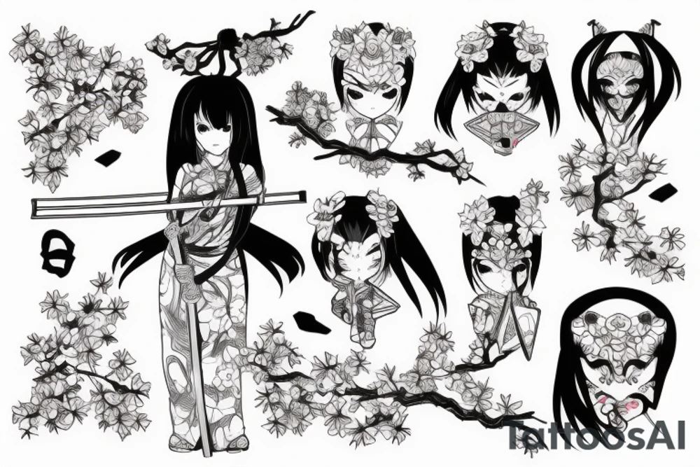 Anime style girl holding katana, wearing oni mask on top of head, sorrounded by sakura trees tattoo idea