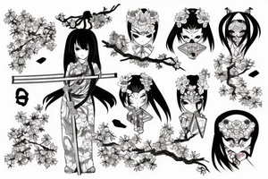 Anime style girl holding katana, wearing oni mask on top of head, sorrounded by sakura trees tattoo idea