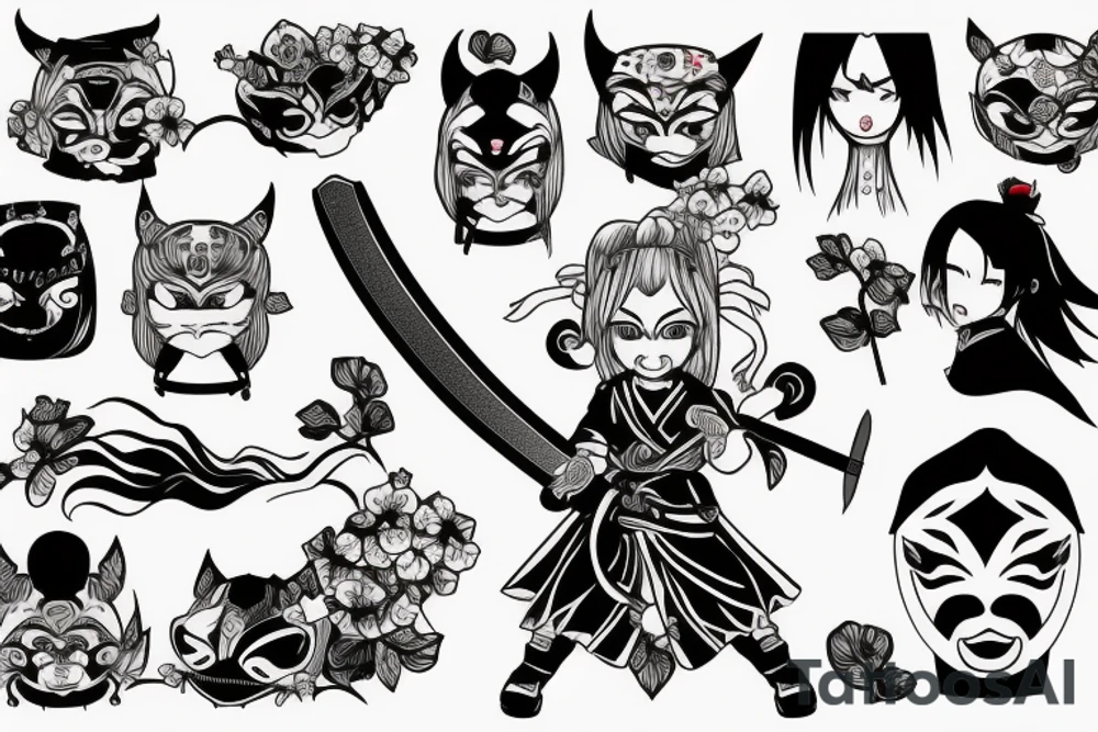 Anime style girl holding katana, wearing oni mask on top of head, sorrounded by sakura trees tattoo idea