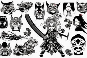 Anime style girl holding katana, wearing oni mask on top of head, sorrounded by sakura trees tattoo idea