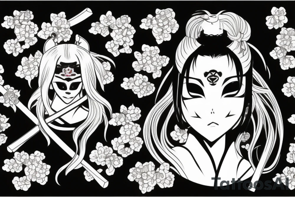 Anime style girl holding katana, wearing oni mask on top of head, sorrounded by sakura trees tattoo idea