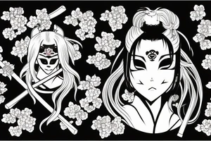 Anime style girl holding katana, wearing oni mask on top of head, sorrounded by sakura trees tattoo idea