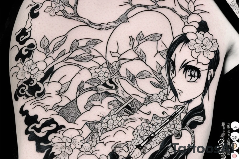 Anime style girl holding katana, wearing oni mask on top of head, sorrounded by sakura trees tattoo idea