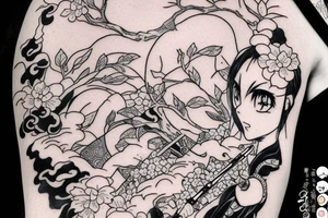 Anime style girl holding katana, wearing oni mask on top of head, sorrounded by sakura trees tattoo idea
