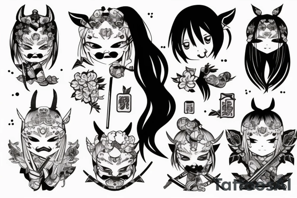 Anime style girl holding katana, wearing oni mask on top of head, sorrounded by sakura trees tattoo idea