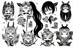 Anime style girl holding katana, wearing oni mask on top of head, sorrounded by sakura trees tattoo idea