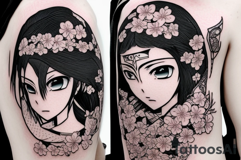 Anime style girl holding katana, wearing oni mask on top of head, sorrounded by sakura trees tattoo idea