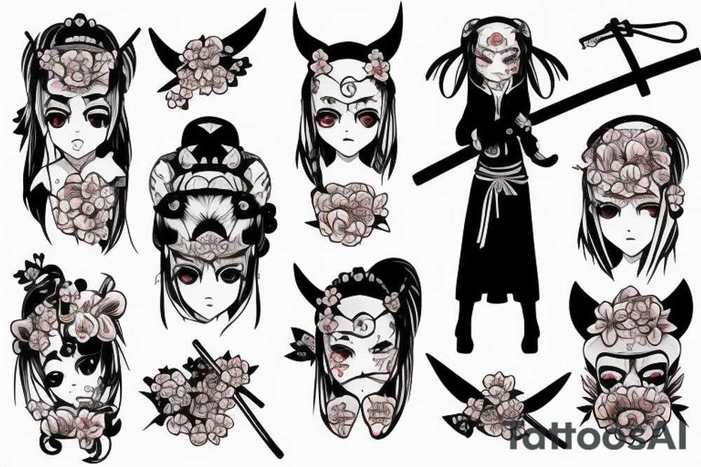 Anime style girl holding katana, wearing oni mask on top of head, sorrounded by sakura trees tattoo idea