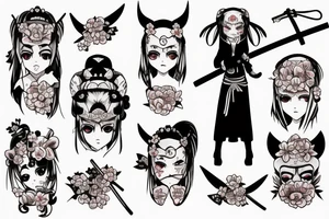 Anime style girl holding katana, wearing oni mask on top of head, sorrounded by sakura trees tattoo idea