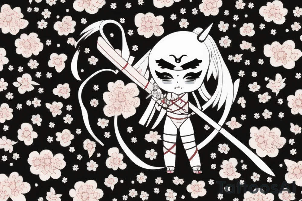 Anime style girl holding katana, wearing oni mask on top of head, sorrounded by sakura trees tattoo idea