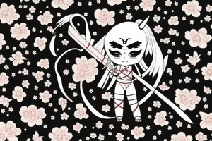 Anime style girl holding katana, wearing oni mask on top of head, sorrounded by sakura trees tattoo idea