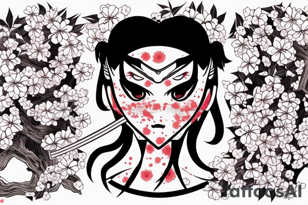 Anime style girl holding katana, wearing oni mask on top of head, sorrounded by sakura trees, close up shot tattoo idea