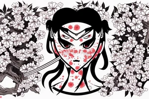 Anime style girl holding katana, wearing oni mask on top of head, sorrounded by sakura trees, close up shot tattoo idea