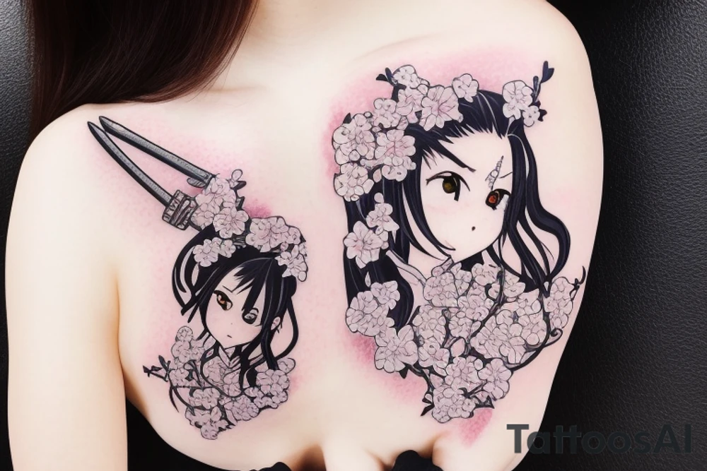 Anime style girl holding katana, wearing oni mask on top of head, sorrounded by sakura trees, close up shot tattoo idea
