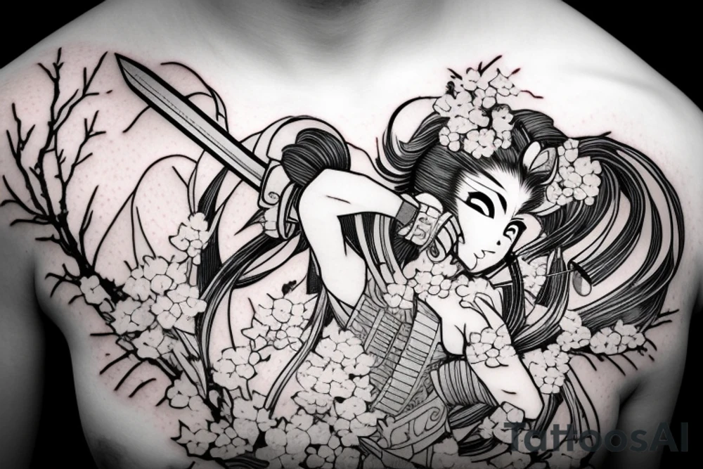 Anime style girl holding katana, wearing oni mask on top of head, sorrounded by sakura trees, close up shot tattoo idea