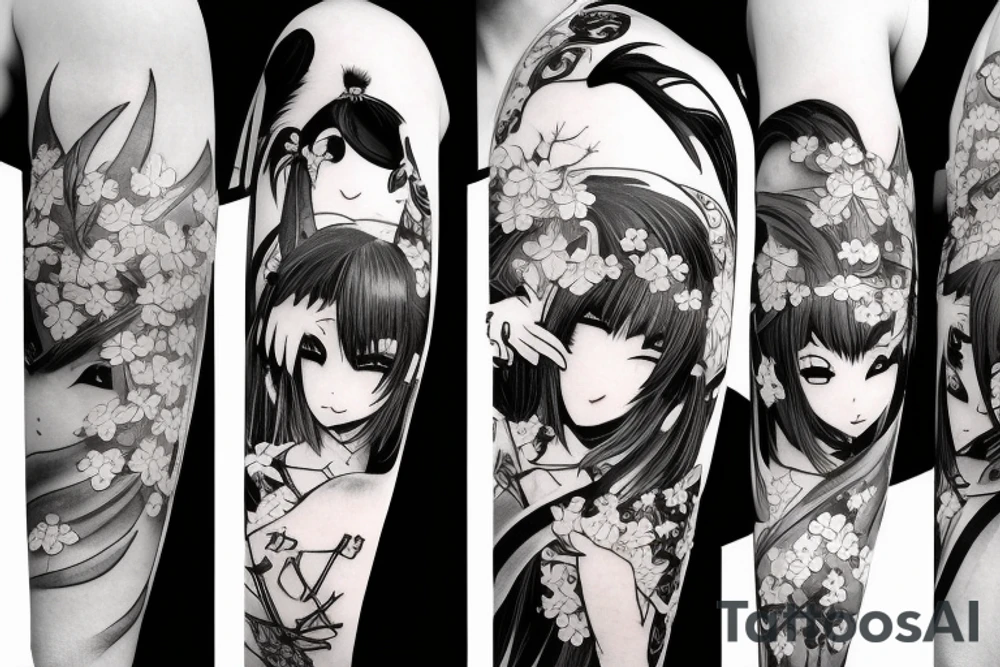 Anime style girl holding katana, wearing oni mask on top of head, sorrounded by sakura trees, close up shot tattoo idea