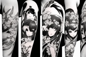 Anime style girl holding katana, wearing oni mask on top of head, sorrounded by sakura trees, close up shot tattoo idea