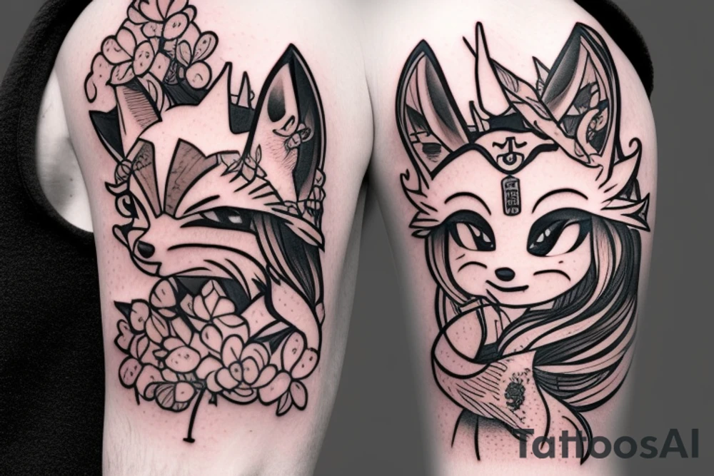 Anime fox girl holding katana, wearing oni mask on top of head, sorrounded by sakura trees, close up shot tattoo idea