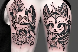 Anime fox girl holding katana, wearing oni mask on top of head, sorrounded by sakura trees, close up shot tattoo idea