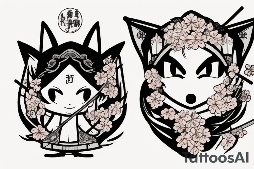 Anime fox girl holding katana, wearing oni mask on top of head, sorrounded by sakura trees, close up shot tattoo idea