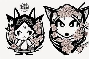 Anime fox girl holding katana, wearing oni mask on top of head, sorrounded by sakura trees, close up shot tattoo idea
