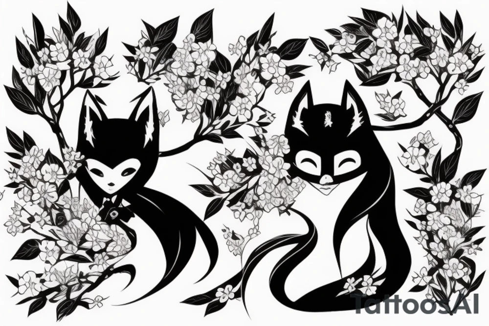 Anime fox girl holding katana, wearing oni mask on top of head, sorrounded by sakura trees, close up shot tattoo idea