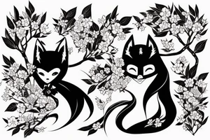 Anime fox girl holding katana, wearing oni mask on top of head, sorrounded by sakura trees, close up shot tattoo idea